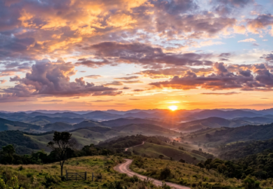 Rolling hills and a winding dirt road under a vibrant sunset sky with clouds